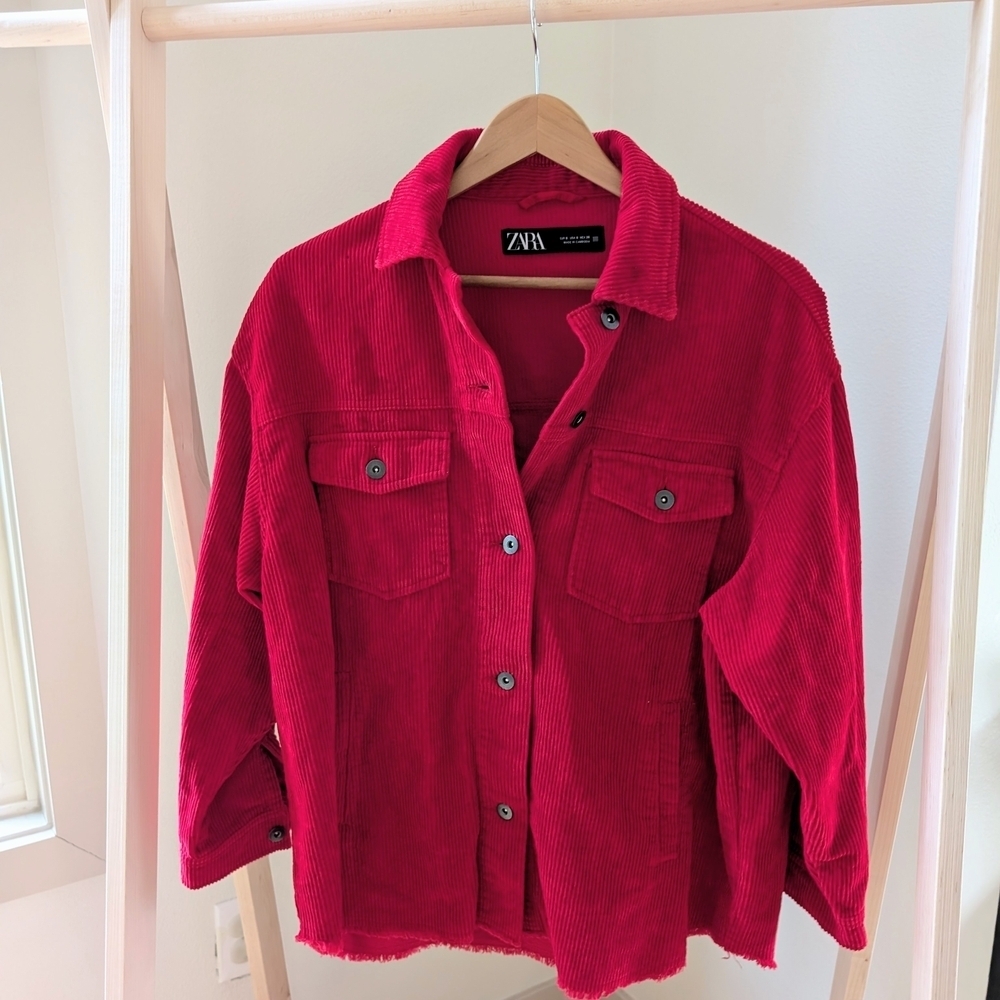 Zara Corduroy Oversized Collared Shirt Jacket In Cherry Red - S